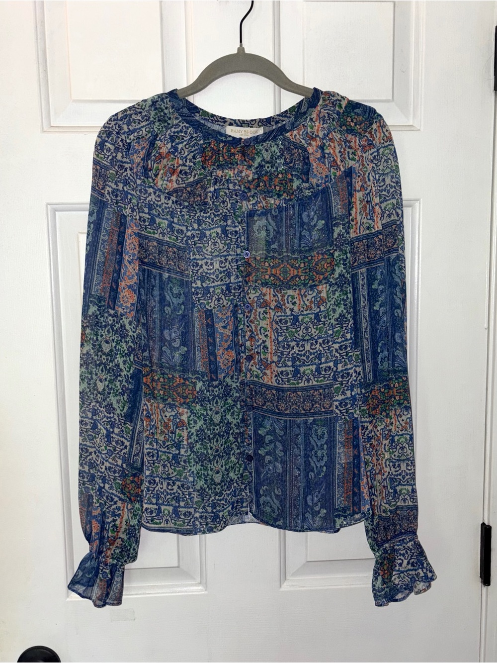 Banana Republic Blue Mixed-Print Long-Sleeve Blouse